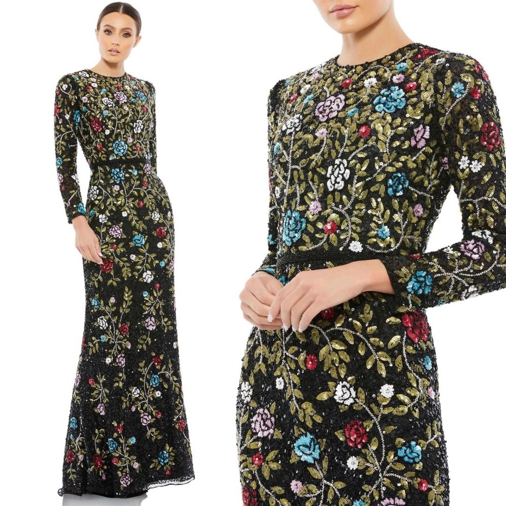 Mac Duggal Black Floral Sequin Maxi Dress